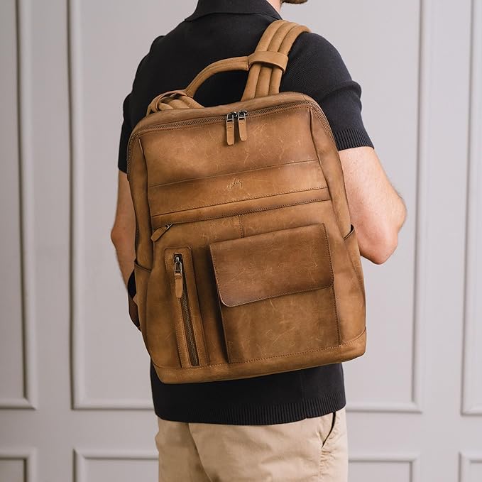 VELEZ Brown Leather Backpack for Men & Women - Large Capacity Laptop Travel Backpack with 17" Sleeve - Vintage Travel Bag with Adjustable Straps, Multiple Pockets & Trolley Sleeve
