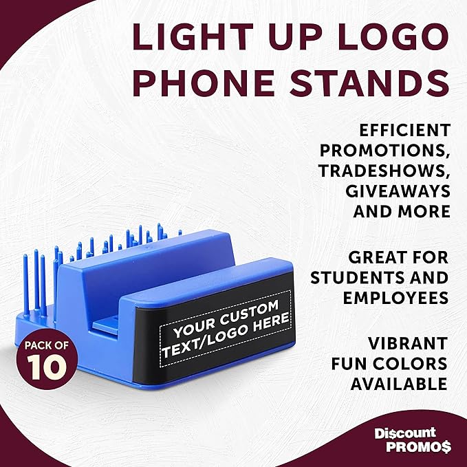 DISCOUNT PROMOS Custom Light Up Logo Phone Stands Set of 10, Personalized Bulk Pack - Essential Smartphone Accessory, Perfect for Office and Home - Blue