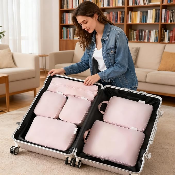 6-piece travel compression packaging cube - foldable travel bag expandable, luggage storage bag. (pink)