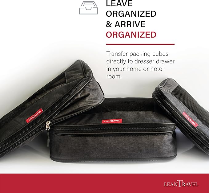 LeanTravel Compression Packing Cubes for Travel Organizers with Double Zipper (3-Pack (2L+1M), Black)