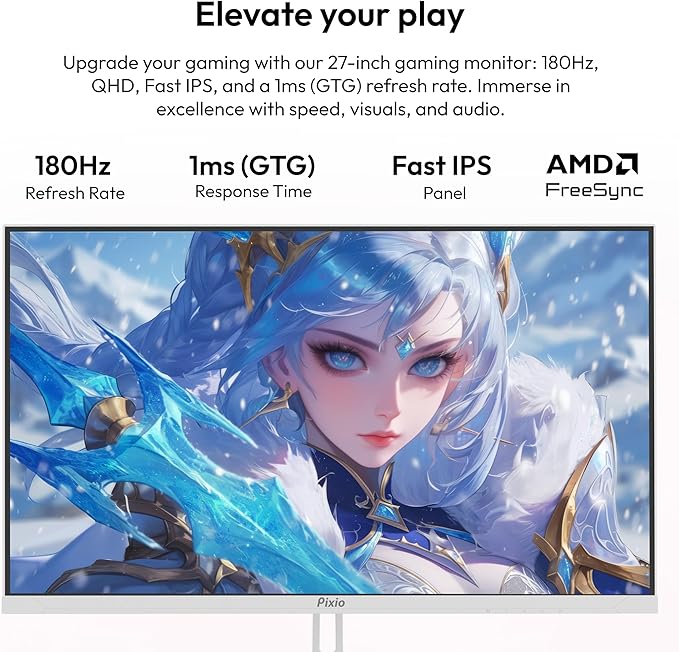 Pixio PX278 Wave White 27 inch 180Hz Refresh Rate QHD 1440p Resolution Fast IPS Panel 1ms GTG Response Time White Gaming Monitor with FreeSync