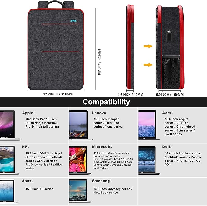 ZINZ Slim & Expandable Laptop Backpack 15 15.6 16 Inch Sleeve with USB Port, Spill-Resistant Notebooks Bag Case for Most 14-16 Inch MacBooks Surface-Books Dell HP Lenovo Asus Computers,B01RD01