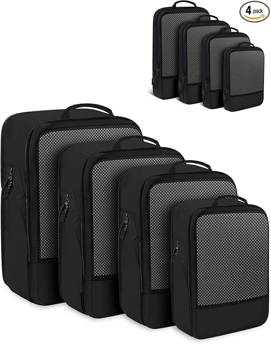 4 PCS Set Compression Packing Cubes for Travel, Lightweight Packaging Organizer Bags for Carry On Space Saving, Travel Essentials Cubes for Suitcase Backpack, Black