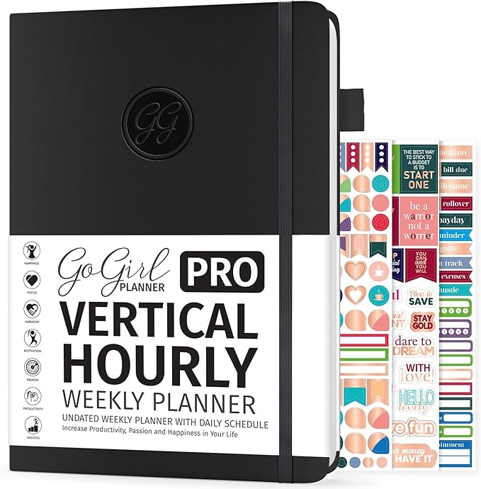 GoGirl Planner PRO Schedule - Undated Planner with Hourly Time Slots, Monthly, Weekly & Daily Organizer, Appointment Book for time Management, 7"x10" Hardcover, Lasts 1 Year - Black