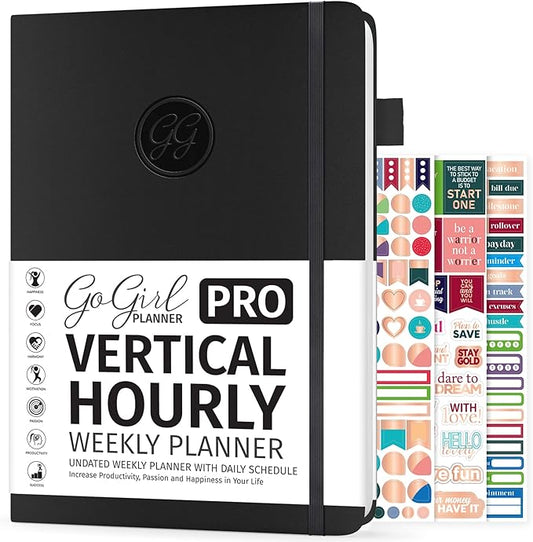GoGirl Planner PRO Schedule - Undated Planner with Hourly Time Slots, Monthly, Weekly & Daily Organizer, Appointment Book for time Management, 7"x10" Hardcover, Lasts 1 Year - Black