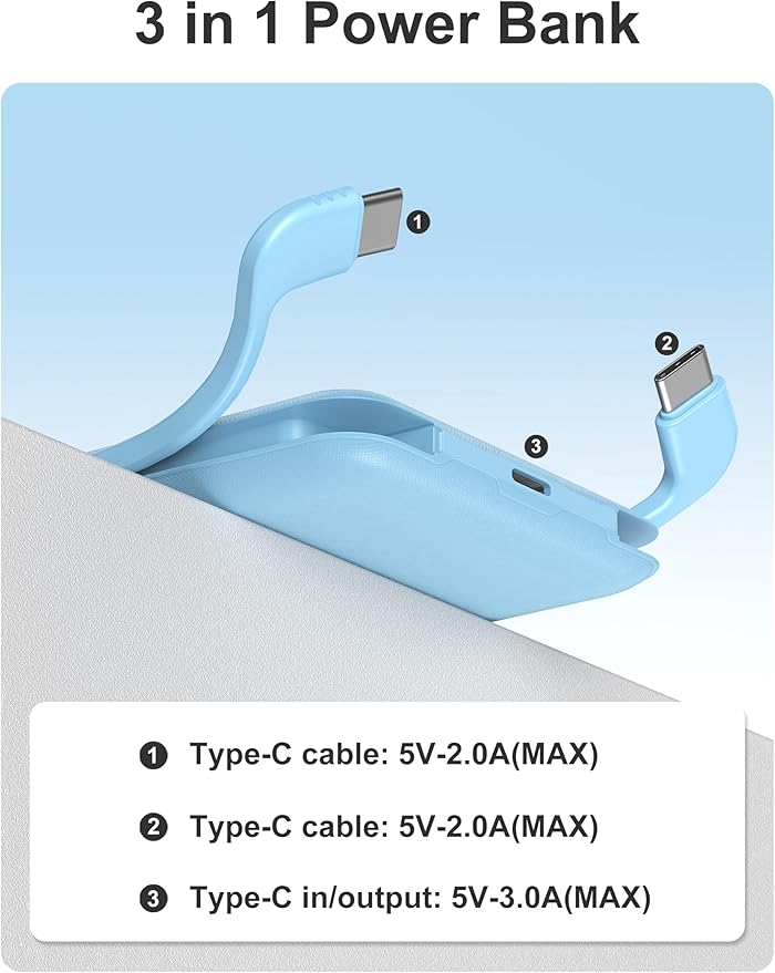 10000mAh Slim Portable Charger with Built in Cable, Power Bank Travel Charger External Battery Pack for Phone, 3 Output USB Type C Cord Clutch Charger Compatible with iPhone, Blue