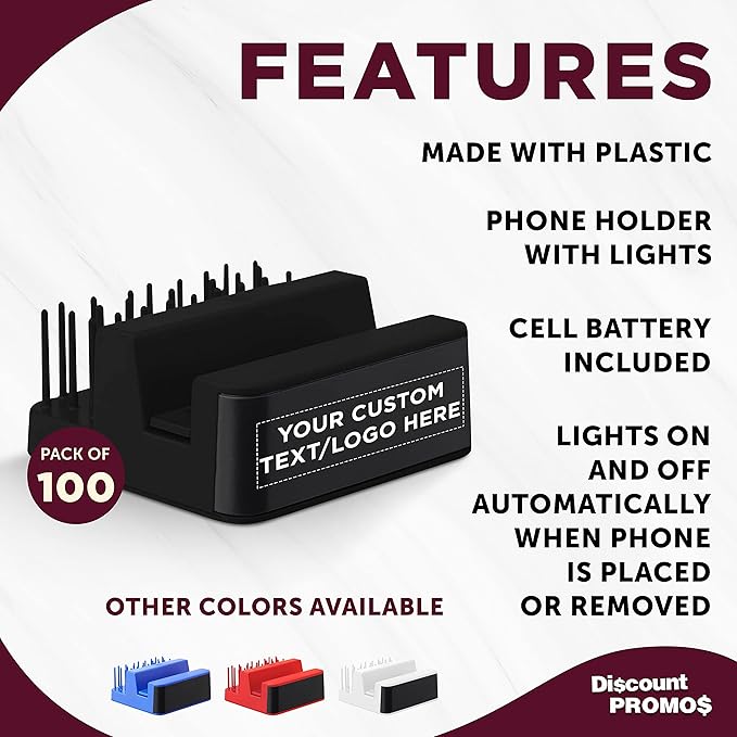 DISCOUNT PROMOS Custom Light Up Logo Phone Stands Set of 100, Personalized Bulk Pack - Essential Smartphone Accessory, Perfect for Office and Home - Black
