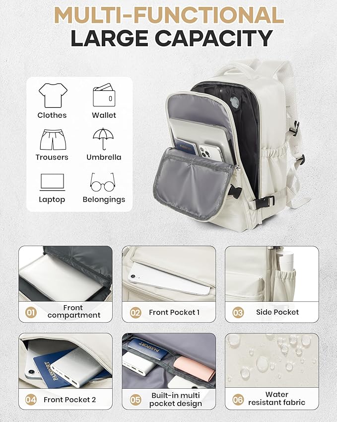 Vacuum Travel Backpack with Pump for Women,Personal Item Carry on Backpacks Flight Approved 18x14x8 inches for Men,Laptop Waterproof Work Compression bags Casual Daypack Beige.