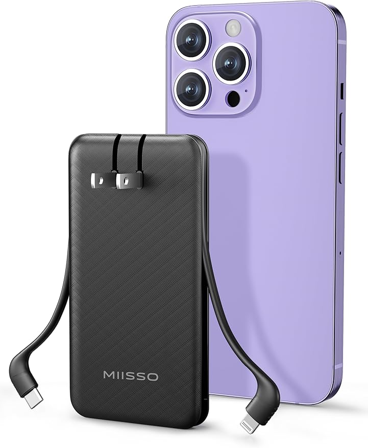 miisso Ultra Slim 10000mAh Power Bank Built-in Cables and Foldable AC Wall Plug, Pocket Size USB C Portable Charger, External Battery Pack Compatible with iPhone Samsung iPad etc, Black