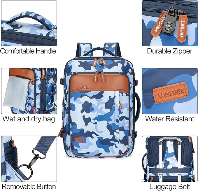 Travel Backpack 42L Carry on Backpack Flight Approved Expandable Travel Backpack Carry on Backpack Luggage Daypack (Blue Camouflage)