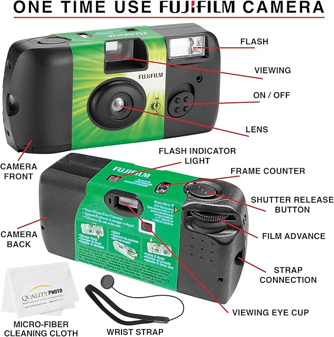 Fujifilm QuickSnap Flash 400 Disposable 35mm Camera + Hand Strap + Quality Photo Microfiber Cloth (5 Pack)