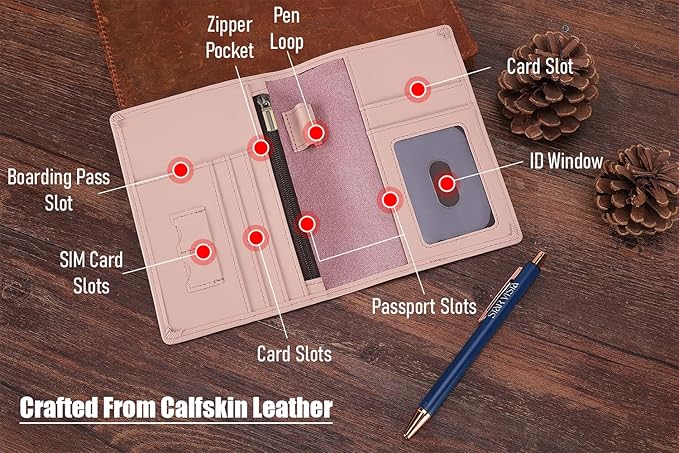 STAR VISTA Phoenix Leather Passport Holder, Calfskin Travel Wallet - RFID Blocking, ID Window, Zipper Pocket, Pen & Notebook Included, Pale Pink
