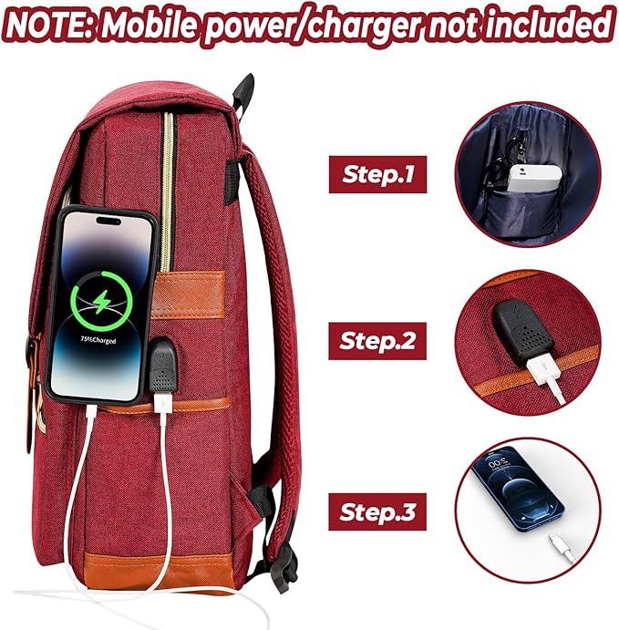 Ronyes Vintage Laptop Backpack for Women Men,15.6 inch Bookbag Casual Daypack with USB Charging Port for College Work, Red Backpacks