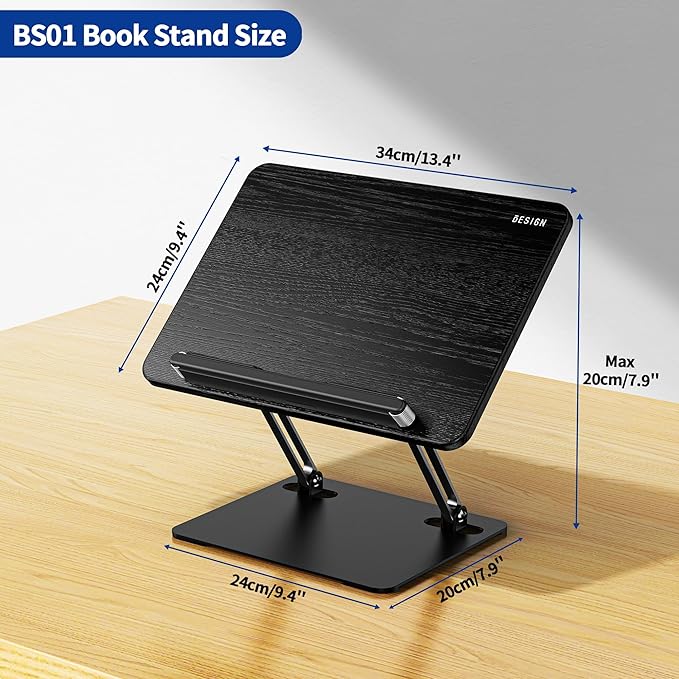 BESIGN BS01 Book Stand for Reading, Adjustable Book Holder, Ergonomic Laptop Stand with Elastic Page Clips for Music Scores, Recipe, Tablet, Laptop (Black)