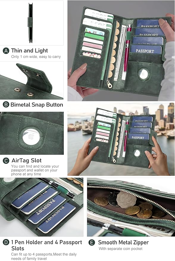 Top Grain Leather Travel Passport Wallet Holder for Man & Woman, Snap Button Design for 4 Passports & Multi Cards, RFID Blocking Large Capacity for Passports/Cards/Checks/Bills, Burgundy