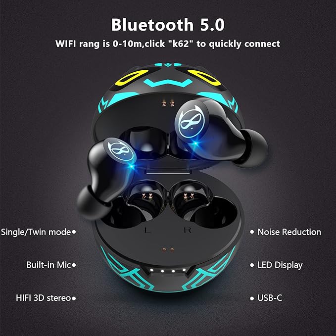 Gaming Earbuds Kids Bluetooth Earbud 5.3 in-Ear Headphones with Mic 36H Playtime IPX6 Waterproof Touch Control HiFi Stereo LED Display Kids Wireless Ear Buds