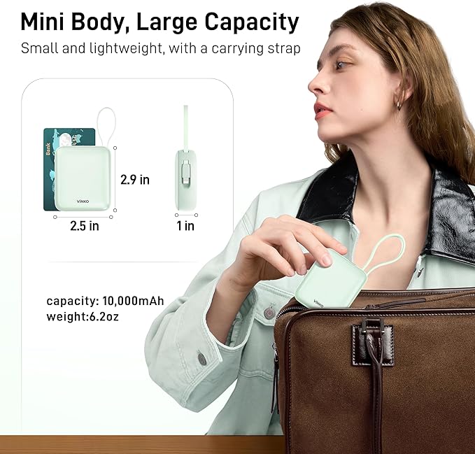 VINKO Small Portable Charger, 22.5W Fast Charging Mini Power Bank 10000mAh with Built-in Cables LED Display, Travel Essential USB-C Battery Pack Compatible with iPhone,Samsung,Android (Green)