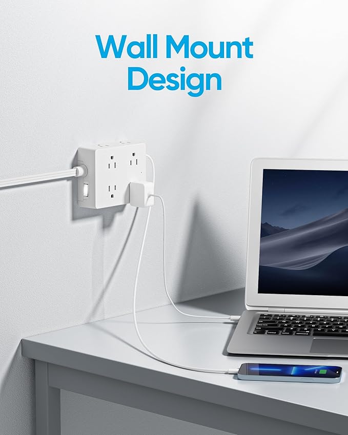 Surge Protector Power Strip, Olcorife Ultra Thin Flat Plug Extension Cord 5ft, 8 Outlets 4 USB Ports(1 USB C), Flat Wall Plug Outlet Extender, College Dorm Room Essentials, White