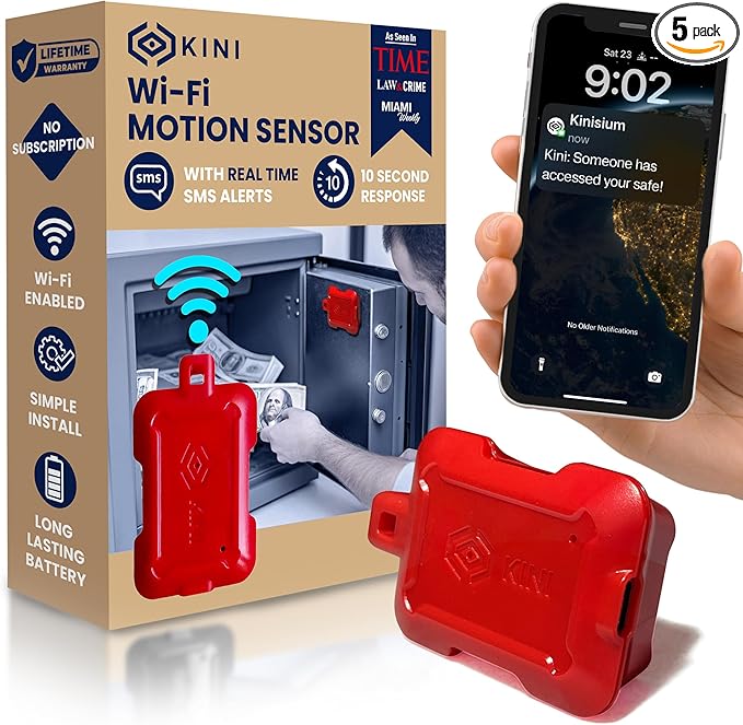 Kinisafe Alert, Wi-Fi Motion Sensor, Real-time SMS, Email, Push Alerts, IFTTT, Gun Safes, Cabinets, Home, Office, Easy Install, No Subscription, Long Lasting Rechargeable Battery