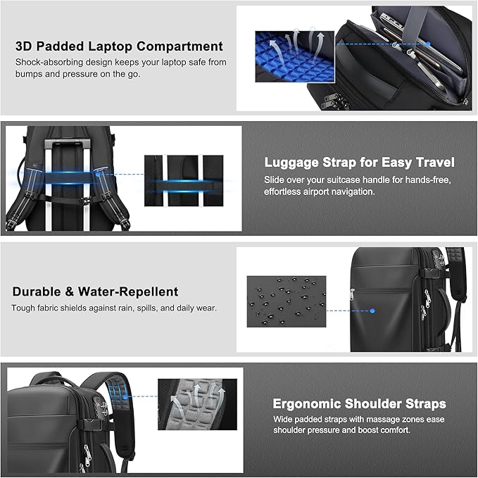 Vacuum Backpack Travel – Expandable Compression Carry On Backpack with Vacuum Pump, Water-Resistant TSA Lock Travel Bag, 17" Laptop Backpack for Men Women, Business Airplane Flight Luggage, Black