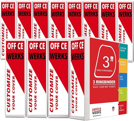 3 Ring Binder, Professional Angle D Ring Vinyl 3 Inch, Presentation Folder for Standard Pages 8.5 x 11 with Pockets, Crystal Clear View White (12 Pack) for Office Supplies