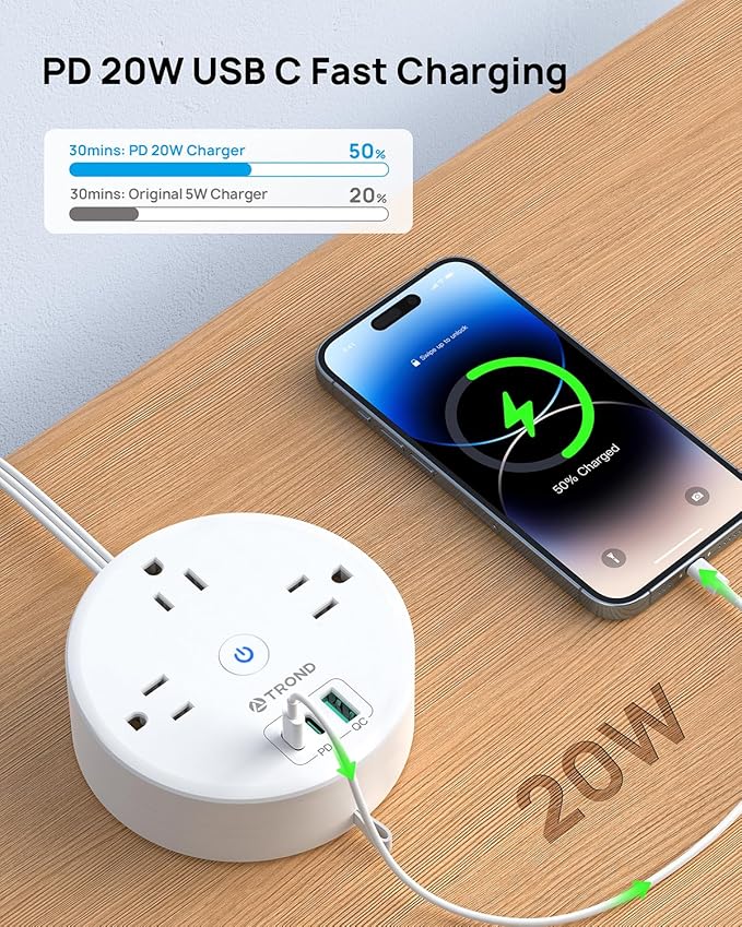 TROND 20W USB C Travel Power Strip - Retractable Extension Cord 5ft Ultra Thin Flat Plug, Power Strip with 3 AC Outlets and USB C Fast Charging, Cruise Ship Essentials, for Home Hotel Dorm Room, White
