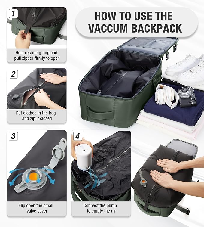 Vacuum Travel Backpack with Pump for Women,Airback Personal Item Carry on Backpacks Flight Approved for Men,Laptop Waterproof Work Compression bags Casual Daypack(Green)