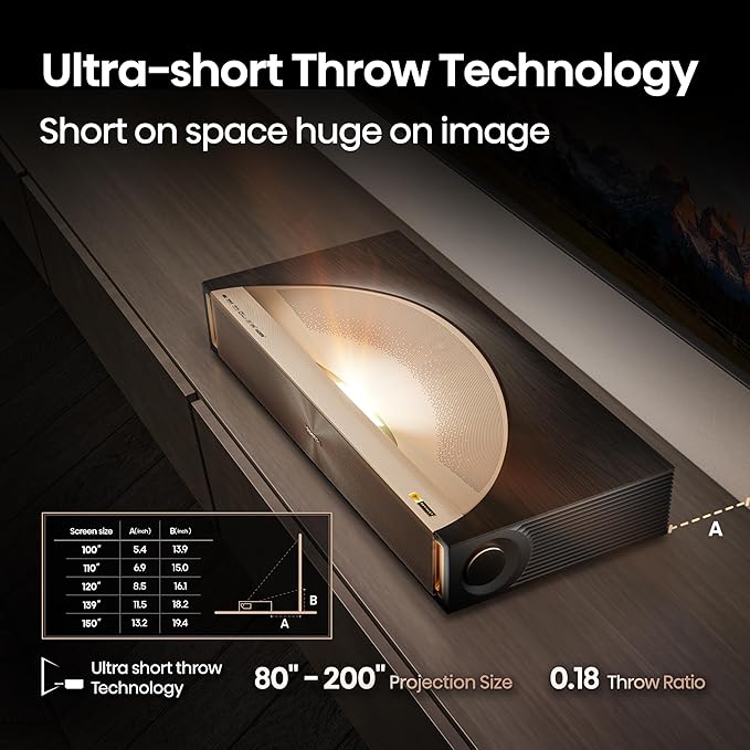 Hisense L9Q Ultra Short Throw Triple Laser Projector, 4K UHD, 5,000 ANSI Lumens, 5000:1 Contrast, 80” - 200”, Dolby Vision & Atmos, IMAX Enhanced, Google TV, Pantone Validated, Sound by Devialet