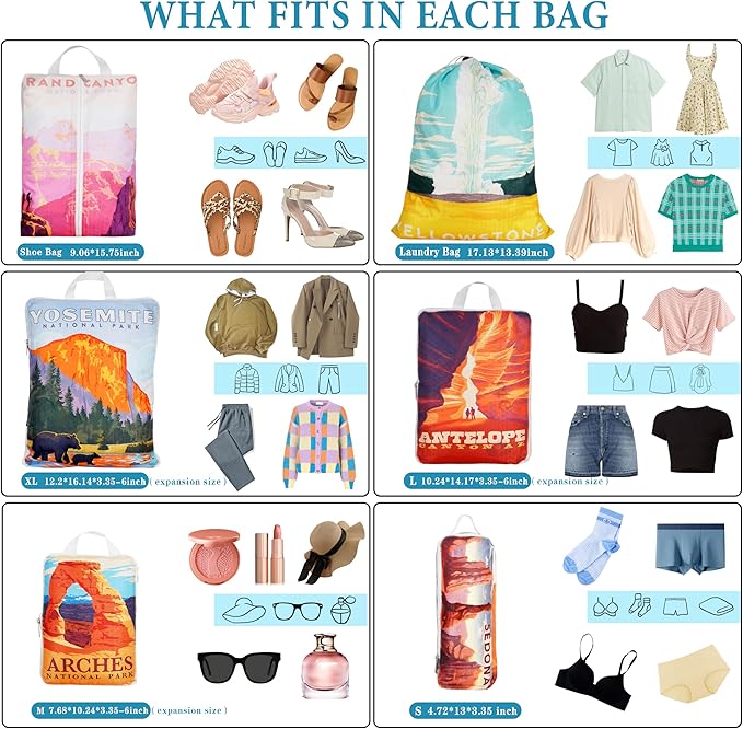 Compression Packing Cubes for Travel, 6 Set National Park Luggage Organizers, Lightweight Waterproof Expandable/Compression Bags Smell Proof Travel Packing Cubes for Suitcases