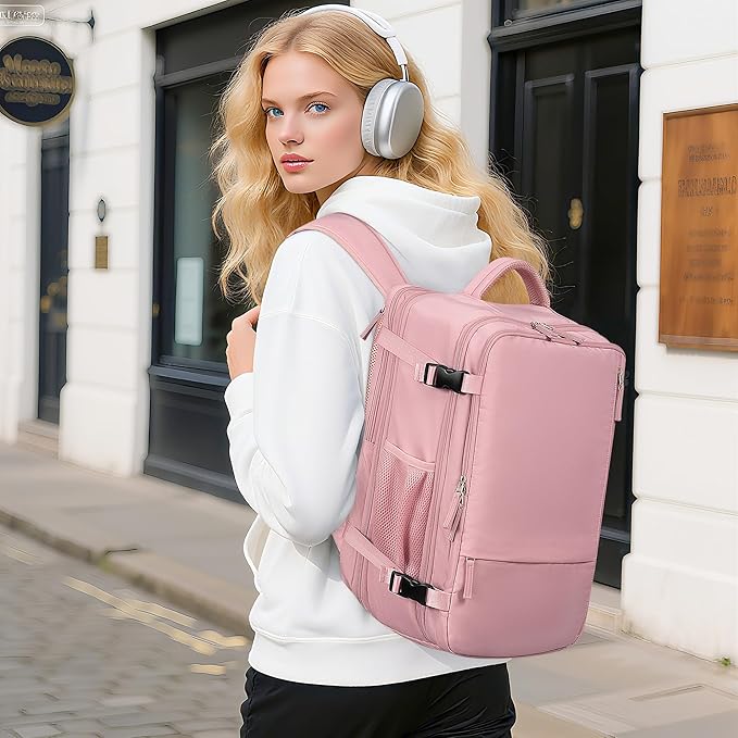 Beraliy Travel Backpack for Women, Airline Approved Bag, Carry On Waterproof Hiking Backpack, 16 inch Laptop Backpack, Overnight Bag, Pink