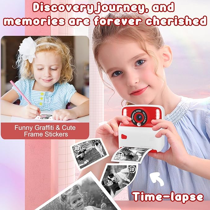 Kids Instant Print Camera, Portable Toys Camera for Toddler, Print Black & White Photos Instantly, Ideal Birthday for Boys & Girls Ages 3–12 (White&Red)