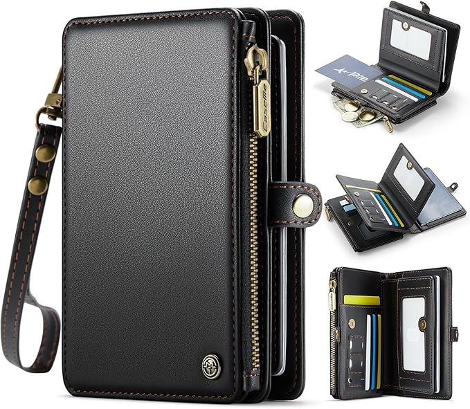 Passport Holder Wallet Bag with AirTag Holder, 11 Card Slots and Passport Solt Cash Solt Photo Solt Zipper Pocket, RFID Blocking Wristlet Strap.Black