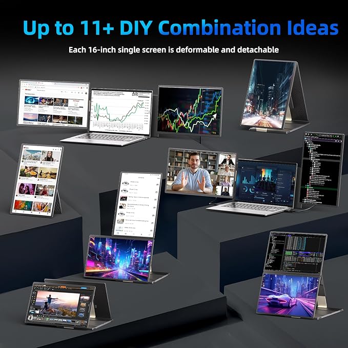 Laptop Screen Extender 16-inch - Triple Laptop Monitor Extender Detachable FHD 1920x1200P IPS 235° Rotation Extra Portable Monitor Compatible with 13”-17” Mac Wins Dex Chrome