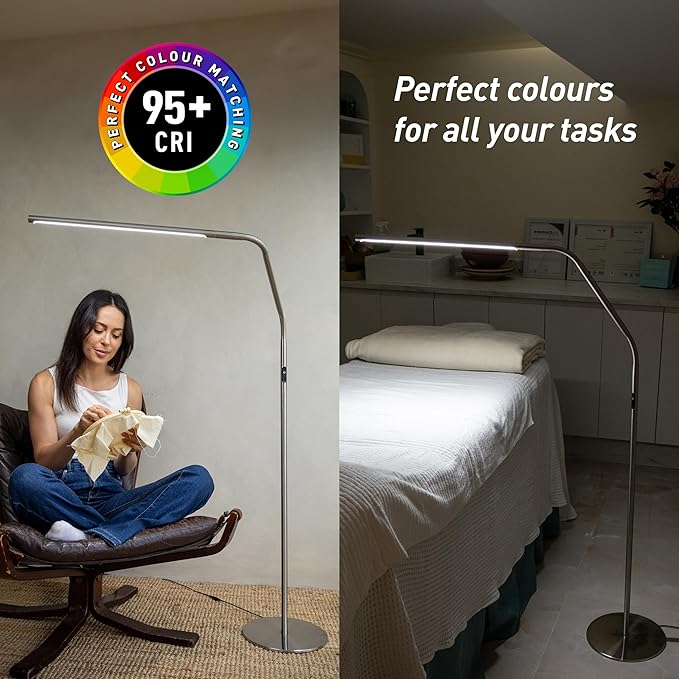 daylight Slimline 4™ LED Floor Lamp in Brushed Steel - 6,000K, 3,200 Lux, 4 Brightness Levels, USB-C Charging Port, Anti-Glare Diffuser, Flexible Design, Art & Craft, Sewing, Nail Salon