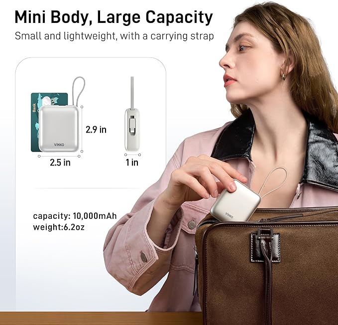 VINKO Portable Charger Power Bank, 10000mAh Travel Essentials Battery Pack, 22.5W Fast Charging USB C Charging Bank Built-in Cables Cords Wires Compatible with iPhone,Samsung,Android(White)