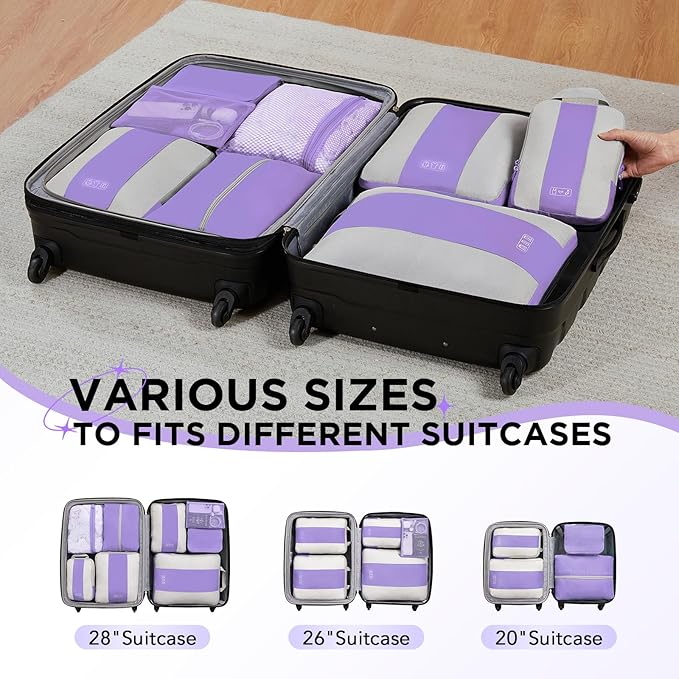 8 Set Compression Packing Cubes for Travel Essentials,Compressible Expandable Packing Cubes for Suitcase,OlarHike Luggage Organizer Bags for Travel,Handy Helper for Organizing Clothes(Light Purple)