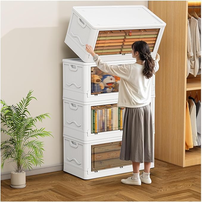 4 Tier Storage Bins with Lids 102QT - Stackable Containers with Wheels, Folding Boxes, Stackable Storage Bins, Closet Organizers