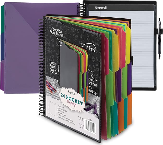 Samsill Deluxe 24 Pocket Spiral Project Organizer with Refillable Notepad Holder, Customizable Front Cover, 12 Dividers with Erasable Write-On Tabs in Fashion Colors, Plastic Folders with Pockets
