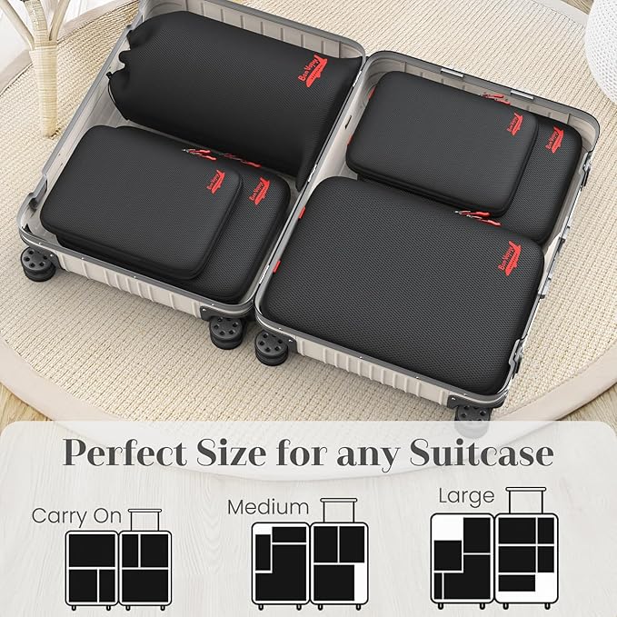 9 Set Compression Packing Cubes for Travel, Waterproof Organizer Set with Underwear Bag, Hanging Toiletry Bag, Shoe Bag, Laundry Bag & Digital Pouch (Black)
