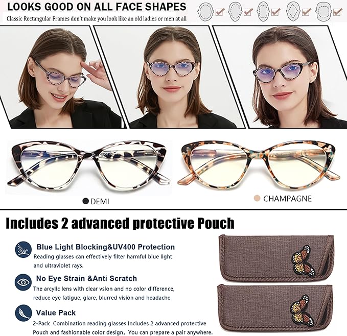 EYEURL Cat Eye Reading Glasses for Women -2 Pack of Blue Light Blocking Readers Spring Hinge Computer Eyeglass with Tortoise/Champagne Pattern Design Readers for women +1.00
