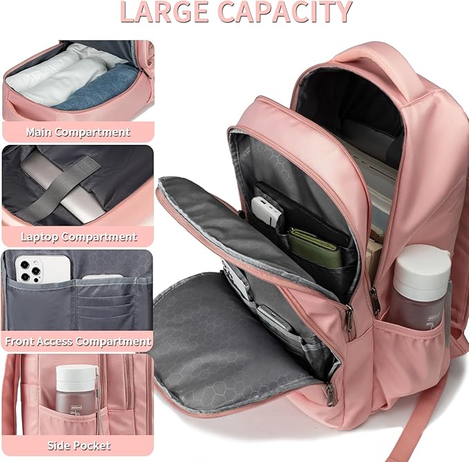 Della Gao College Laptop Backpack with Pencil Case, Pink Travel Backpack for Women, Waterproof Computer Back Pack for Travel, Business, Work, College (Pink, 15.6 Inch)