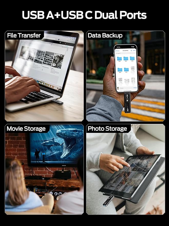 MOVE SPEED 128GB External SSD 520MB/s Read Speed, USB 3.2+USB C Dual Ports External Drive, Portable SSD 3-Stage Push-Pull Design for iPhone 15/16/17 Series/Mac/Android Phone etc
