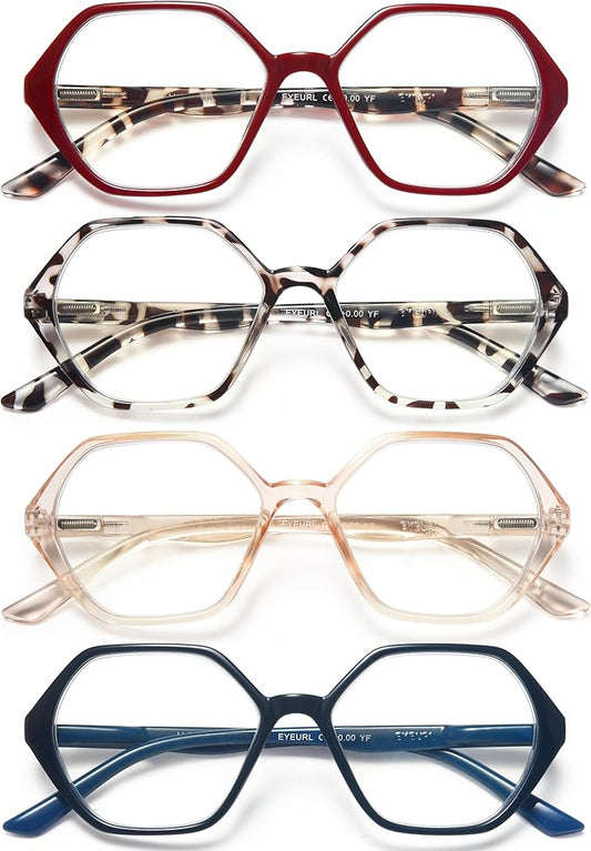 EYEURL 4-Pack Reading Glasses for Women Blue Light Blocking Reading Glasses Vintage Design Diamond-Shaped Frame Spring Hinge Readers for Women Men Anti Glare Filter Lightweight Eyeglasses,0.75