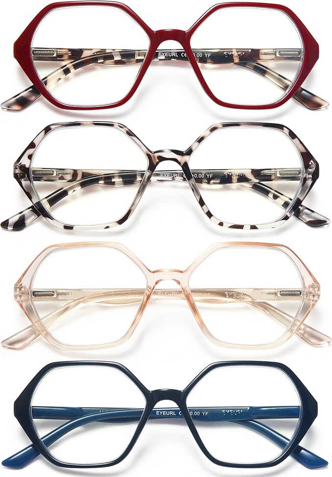 EYEURL 4-Pack Reading Glasses for Women Blue Light Blocking Reading Glasses Vintage Design Diamond-Shaped Frame Spring Hinge Readers for Women Men Anti Glare Filter Lightweight Eyeglasses,1.25