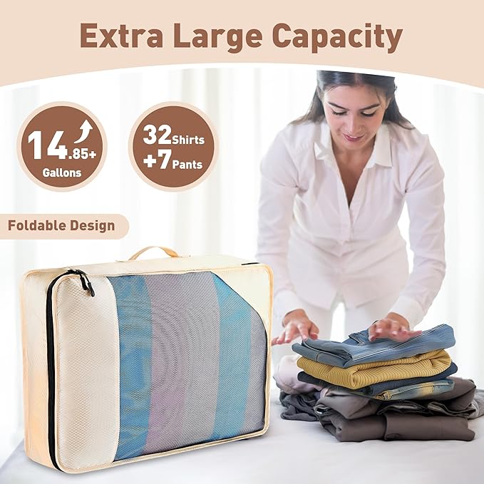 8-Piece Packing Cubes for Travel, Mesh Luggage Organizers with Shoe Bag, Toiletry Bag, Laundry Pouches, 4 Sizes (XL/L/M/S) for Suitcase Organization, Men Women Kids, Beige