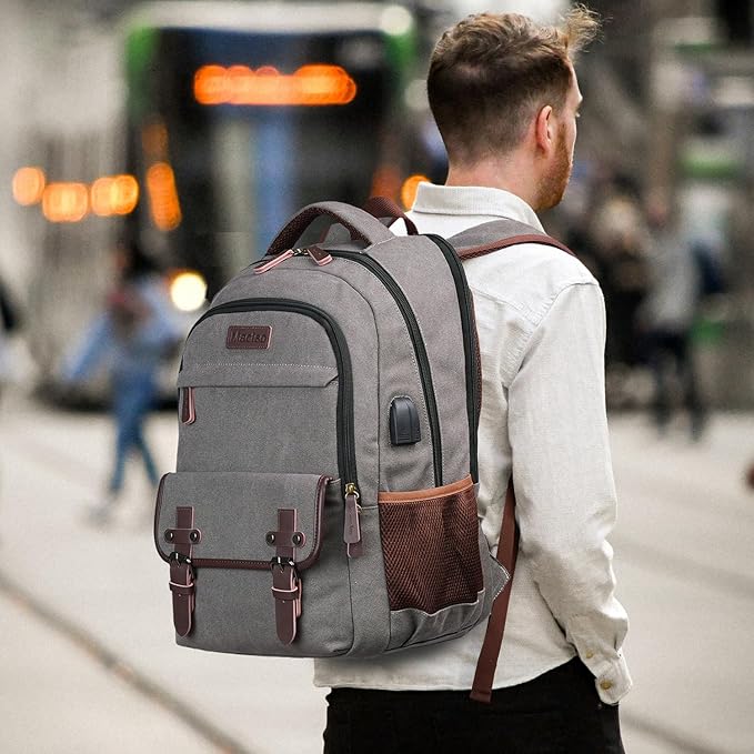 Mactso Canvas Travel Laptop Backpack for Men Women, Business Work Rucksack College Computer Bag Fits 17.3 Inch Notebook,Bookbag with USB Charging Port (Grey, 17.3 Inch)
