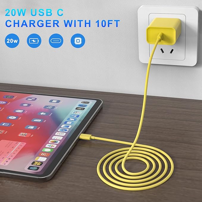 iPhone 17 16 15 Charger Fast Charging, 3 Pack PD 20W USB C Charger with 10FT Cord, USB C Cable Type C Chargers Block for iPhone 17/17 Pro/17 Pro Max/16/16 Plus/16 Pro/16 Pro Max/15/15 Pro（Yellow）