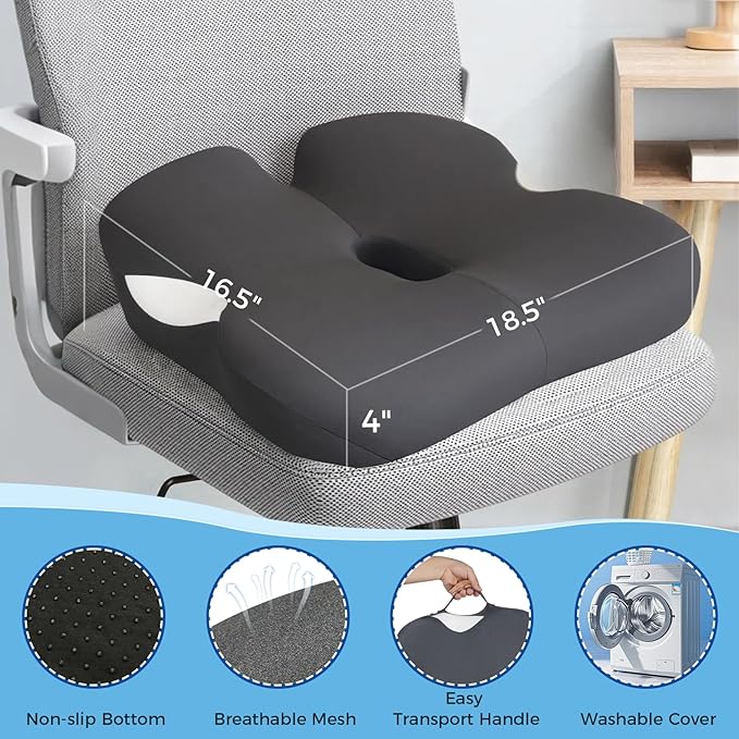 Tailbone Pain Relief Cushion, 18.5" x 16.5" Extra Large Memory Foam Cushion for Office Chair for Hip Support, Long Sitting Breathable Car Seat Cushion for Home, Work, Driving