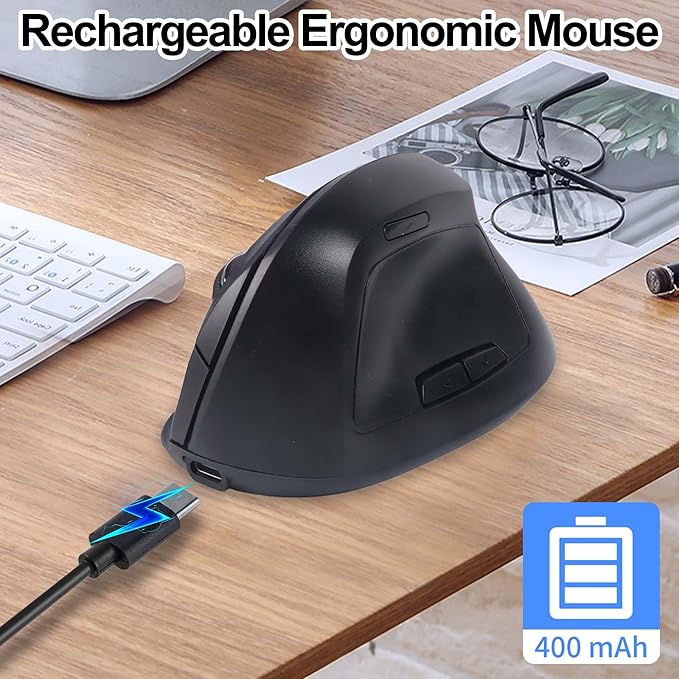 Wireless Ergonomic Bluetooth Mouse Vertical Dual Mode Rechargeable Silent Portable High Precision Optical Cordless Mice with USB Receiver for PC/Laptop/Tablet/MacBook Boy Girl,Reduce Wrist Pain（Black）