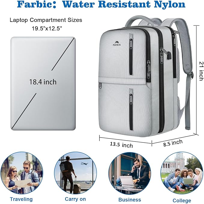 MATEIN Extra Large 45L Travel Backpack for Women, Carry On Airline Approved Backpack with USB Port & Shoe Compartment, Water Resistant Luggage Overnight Weekender Travel Bag Fits 18" Laptop, Gray